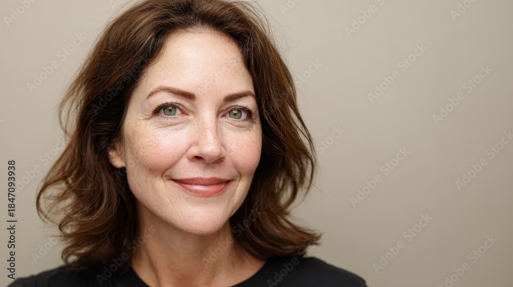 Fototapeta premium Mature woman headshot featuring a warm smile, conveying feelings of confidence, contentment, and natural beauty while posing against a clean, light background