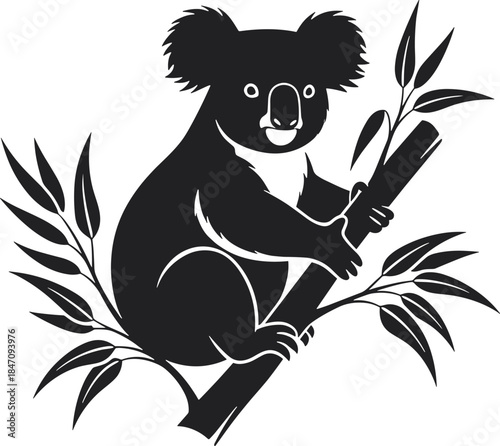 Black and white koala sitting on eucalyptus branch koala, eucalyptus, tree, leaves, black, white, animal, wildlife, australia, marsupial, cute, simple, silhouette, symbol, nature, outdoors, conservati