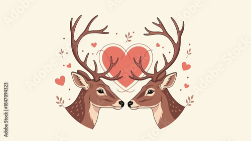 Two deer with hearts love affectionate tender moment illustration
