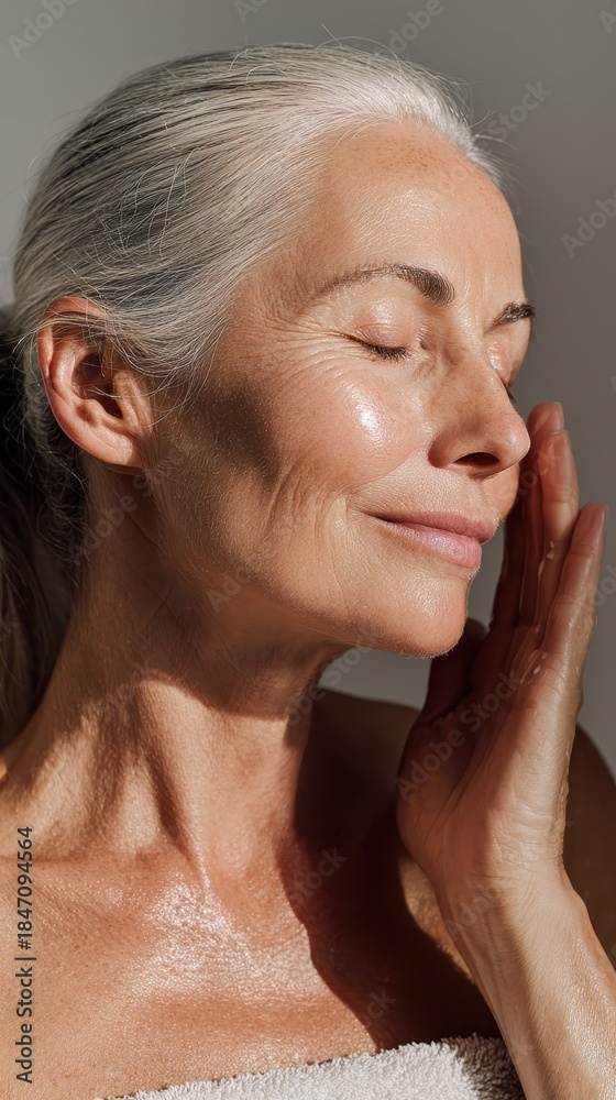 Fototapeta premium Senior woman applying skincare product to her face, eyes closed with a calm expression, promoting self care, healthy skin, and anti aging beauty routine in natural daylight