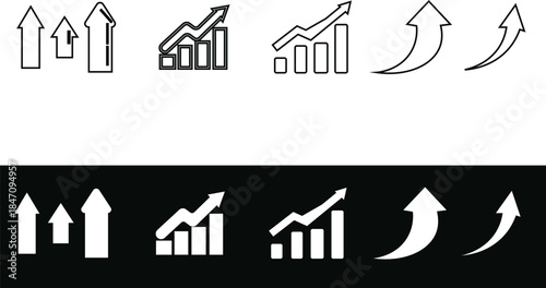 A collection of diverse growth and progress icons in outline and solid styles representing upward trends Vector