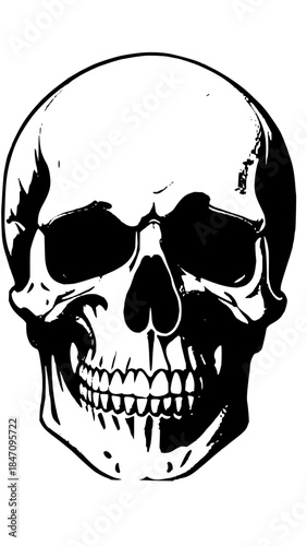 Bold Monochrome Human Skull Graphic Illustration Detailed Front View Skeletal Art for Danger, Halloween, or Design Concepts
