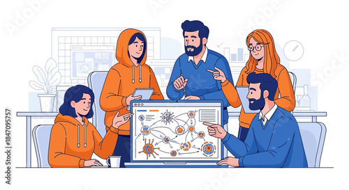 Collaborative data analysis and planning session with visual interface diagram in modern office