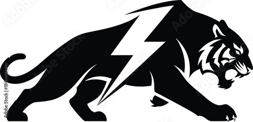 Black tiger with lightning bolt white animal tiger, black, white, lightning bolt, animal, predator, claw, walking, aggressive, monochrome, silhouette, stylized, bold lines, sharp claws, fierce, dynami