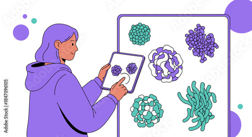 Female examining diverse microbiological cultures via tablet research for science visuals