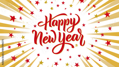 Happy new year greeting card design with calligraphy text and starburst background