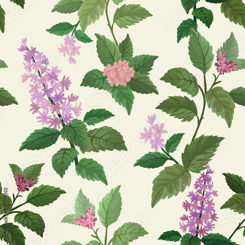 Vector seamless pattern of the patchouli plant, featuring green aromatic leaves and delicate pink-purple flowers.