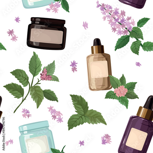 Seamless vector pattern featuring herbal cosmetic bottles, glass jars, green leaves, and delicate pink flowers on a white background.