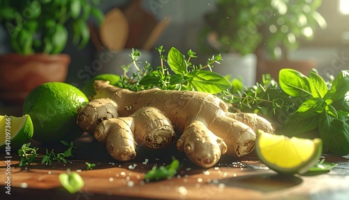 ginger and lime on the table with fresh green leaves