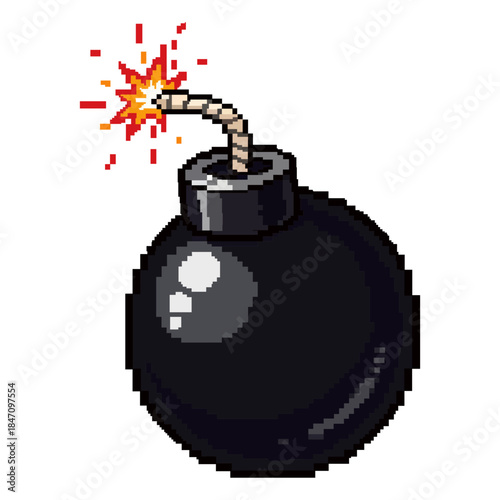 Pixelated Detonation A cartoon illustration of a vintage, spherical bomb, fuse lit with a vibrant explosion. 