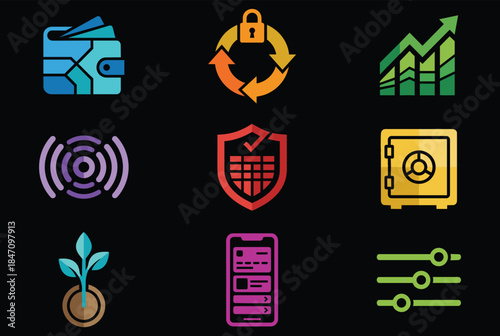 Vibrant business and technology icons for finance and growth