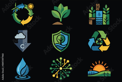 Eco friendly symbols for sustainable living and green technology