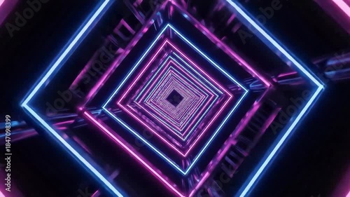 Endless flight through a 3D tunnel with glowing pink and blue neon square frames. Futuristic sci-fi corridor background with metallic reflections. Seamless loop animation for music video or VJ set.
