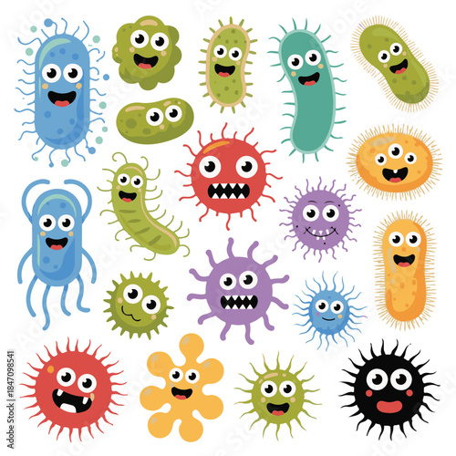 Colorful Vector Illustration Set featuring Cute Cartoon Microorganisms, Germs, and Bacteria Characters