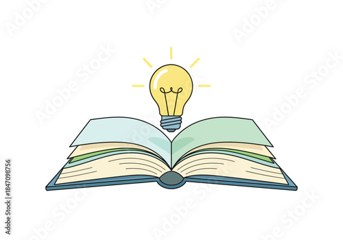 Open Book with Glowing Light Bulb Symbolizing New Ideas.