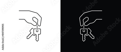 A classic hand holding a key icon. A key icon. A key vector illustration in a transparent and black background. Editable stroke.