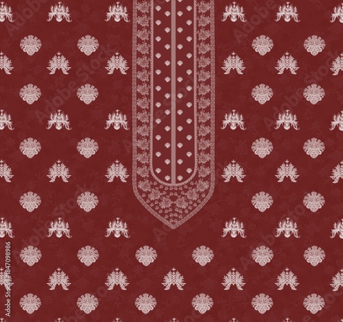Maroon Ornamental Kurta Neckline Pattern – Floral Grid Textile Design for Traditional Wear