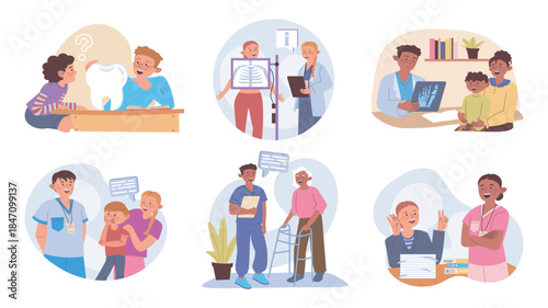 Doctor consultation concept set for web design. Collection with cartoon people visiting clinic specialists. Patients at dentist, pediatrician, x-ray exam, rehabilitation service. Vector illustration.
