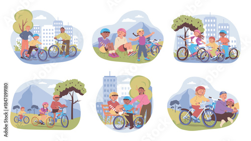 Family cycling trip concept set for web design. Collection with cartoon people at bicycles go in summer adventure. Father, mother, son and daughter biking in helmets in park. Vector illustration.