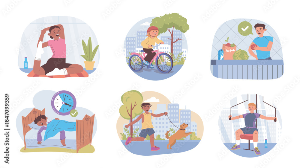 Obraz premium Healthy lifestyle habits concept set for web design. Collection with cartoon people doing trainings at gym, cycling bike, eating natural food and dieting, sleep, walking dog. Vector illustration.