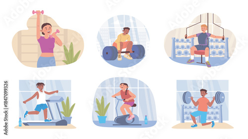Gym equipment training concept set for web design. Collection with cartoon people doing training at sport studio, exercising with dumbbells, lifting barbell, treadmill running. Vector illustration.