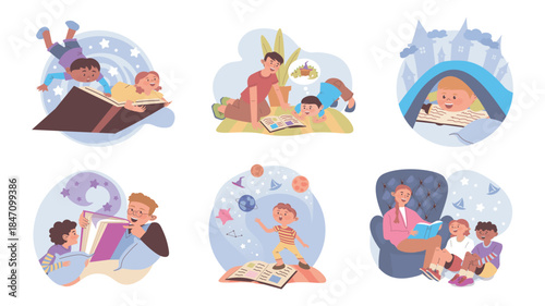 Kids storytelling concept set for web design. Collection with cartoon people reading books with their kids. Parents telling fairy tales, children sitting and listening stories. Vector illustration.
