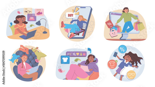 Online fashion shopping concept set for web design. Collection with cartoon people choosing new clothes, trend shoes or accessory, doing orders, making purchases and payment. Vector illustration.