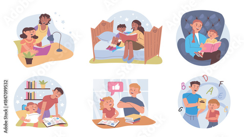 Parent-child reading concept set for web design. Collection with cartoon people bedtime storytelling their kids. Father and mother read books and doing homework with children. Vector illustration.