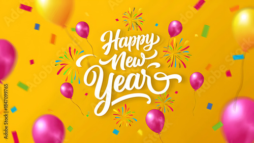 Happy new year greeting card design with colorful balloons and confetti on a yellow background