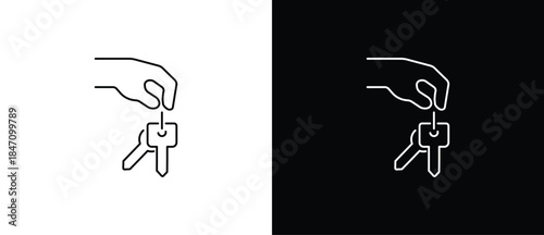 Hand icon holding a pair of keys. Key icon. Vector illustration of a key on a transparent and black background. Editable border.