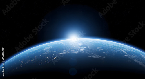 Earth sunrise from space with city lights planet 1