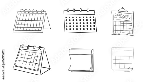 Calendar grid icon set, doodle hand drawn sketch. Hanging line schedule planner. Reminder and calendar with a check.
