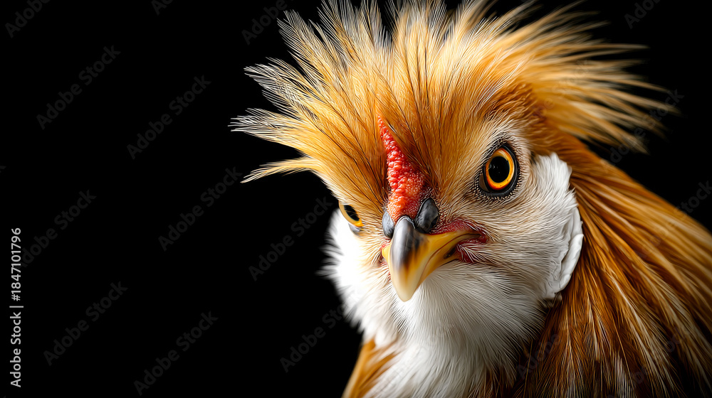 Fototapeta premium Vivid-feathered bold bird. A bird with bright orange and white feathers looks directly at the viewer. Its eyes show curiosity and alertness.