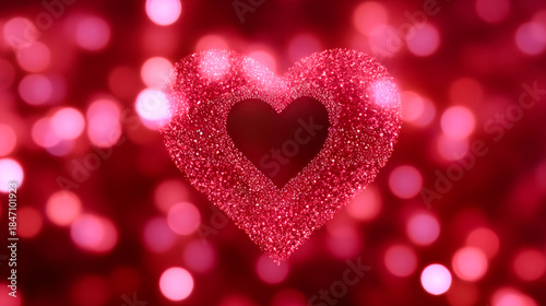 Sparkling heart on red bg. A heart shape made of sparkles appears against a bright red background with many light spots at night.