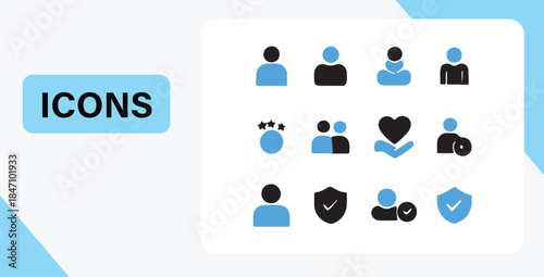 A collection of modern user interface icons with profile management and security concepts
