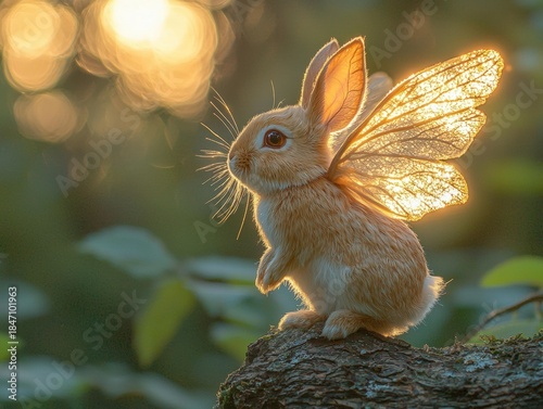 A small rabbit sits on a log, with translucent wings lit by sunlight. AI.