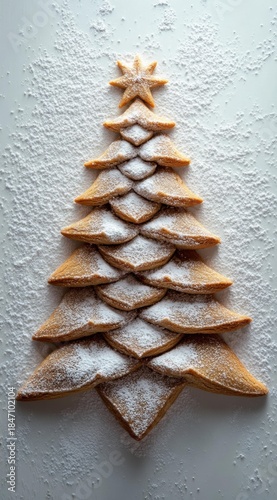 Cookies arranged to form a Christmas tree, dusted with powder sugar. Star on top. AI.