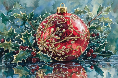 A red ornament with gold designs sits among holly leaves and berries, reflecting on a surface. AI.