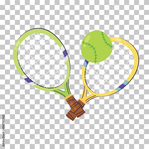 Colorful tennis rackets crossed with a green tennis ball on a transparent background, ready for a game.