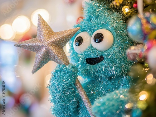 A blue fuzzy figure holds a star. The background is blurred, with lights visible. AI.