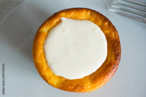 Delicious cheesecake with sour cream on a plate. Breakfast concept for the family