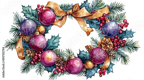 Watercolor wreath with ornaments, pine cones, berries, holly leaves, pine branches, and a ribbon. AI.