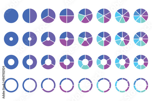 Set of colorful pie charts. Colorful pie charts with varying segments. Circle section graph. Pie chart set. Pie charts diagrams. Different color circles. donut and pie chart infographic elements set