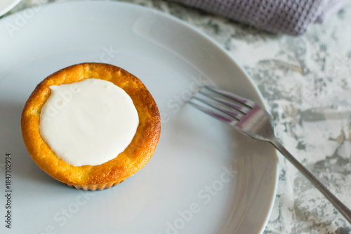 Delicious cheesecake with sour cream on a plate. Breakfast concept for the family