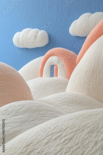 Fluffy white hills lead to a peach archway with a blue door. White clouds float in the light blue sky. AI.