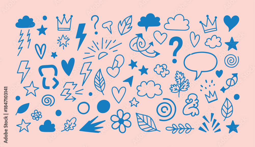 Obraz premium Hand drawn doodle symbol collection with hearts stars clouds and playful icons