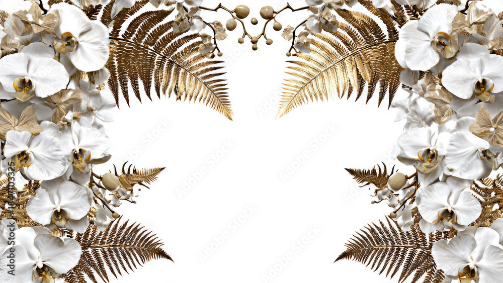 Obraz premium Floral frame with white orchids and golden ferns