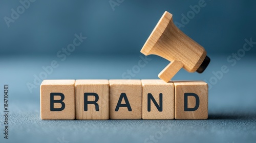 A wooden megaphone rests on blocks spelling 