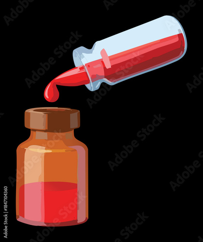 Medical amber glass bottle receiving liquid drops from a vial for pharmaceutical compounding and pharmacy