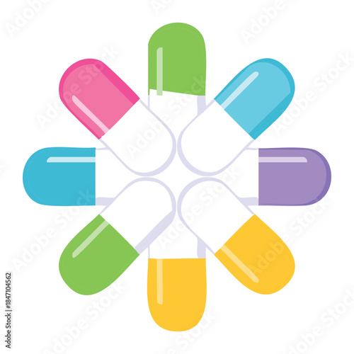 Star shape arrangement of colorful medical capsules for pharmaceutical creativity and healthcare pharmacy treatment and supplement design